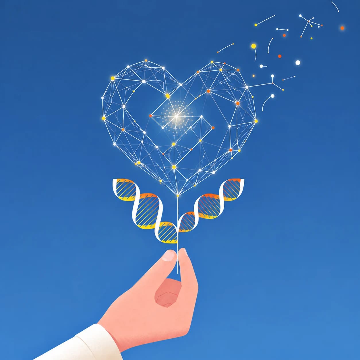 A hand holds a DNA stem topped by a luminous heart, connecting science with care.