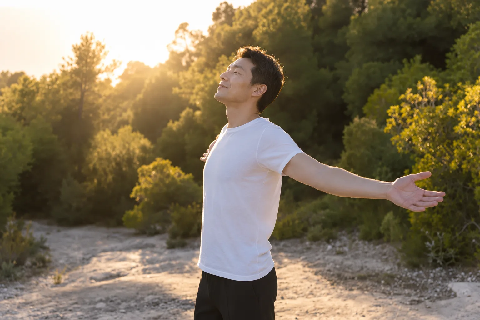 A man standing outdoors with his arms open in the evening light